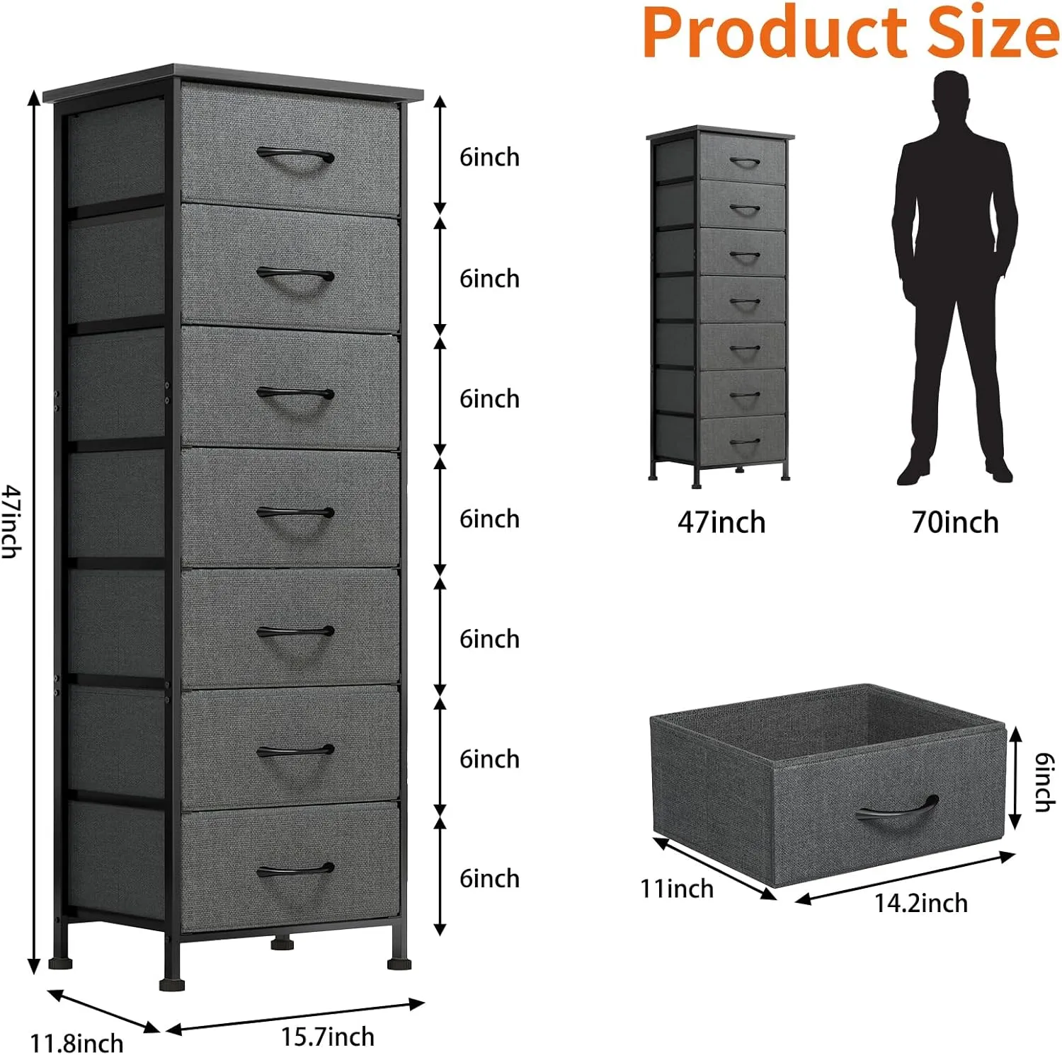 Fixwal Tall Dresser for Bedroom, Storage Dresser Organizer with 7 Fabric Drawers, Nightstand Furniture in Closet, Entryway, Hallway, Dark Grey