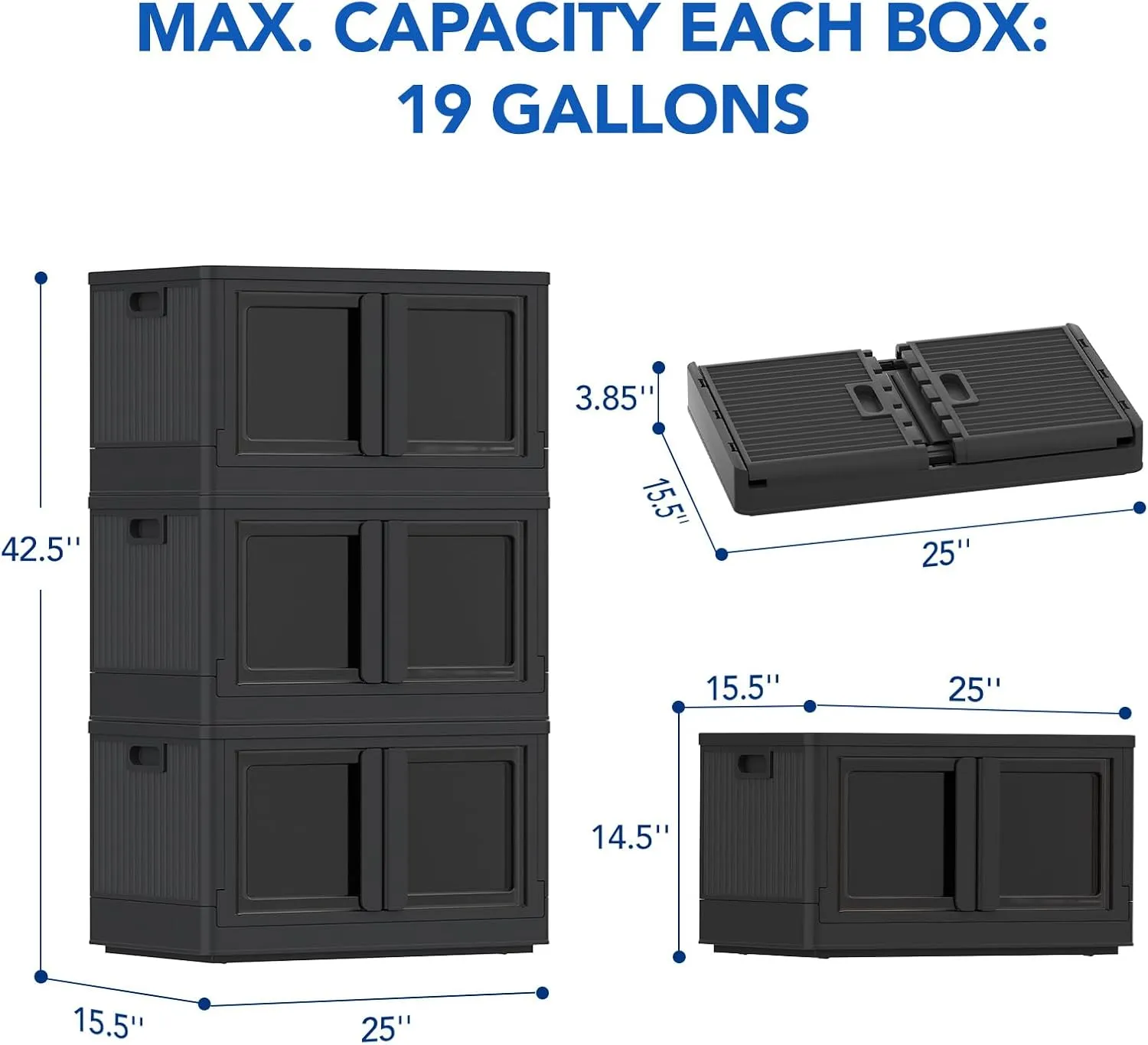 FLEXIMOUNTS 228 QT Stackable Storage Bins With Lids, Collapsible Plastic Storage Bins, Closet Organizers and Containers with Doors For Home, Black, 25" L x 15.5" W x 42.5" H
