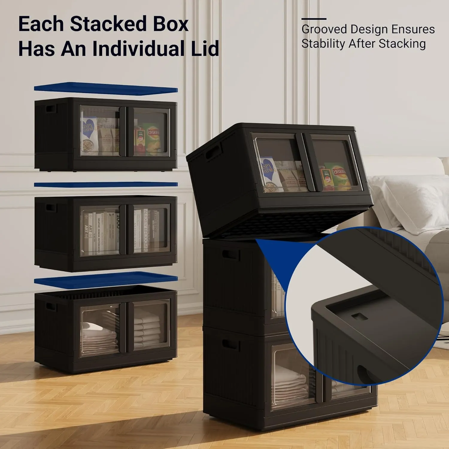 FLEXIMOUNTS 228 QT Stackable Storage Bins With Lids, Collapsible Plastic Storage Bins, Closet Organizers and Containers with Doors For Home, Black, 25" L x 15.5" W x 42.5" H