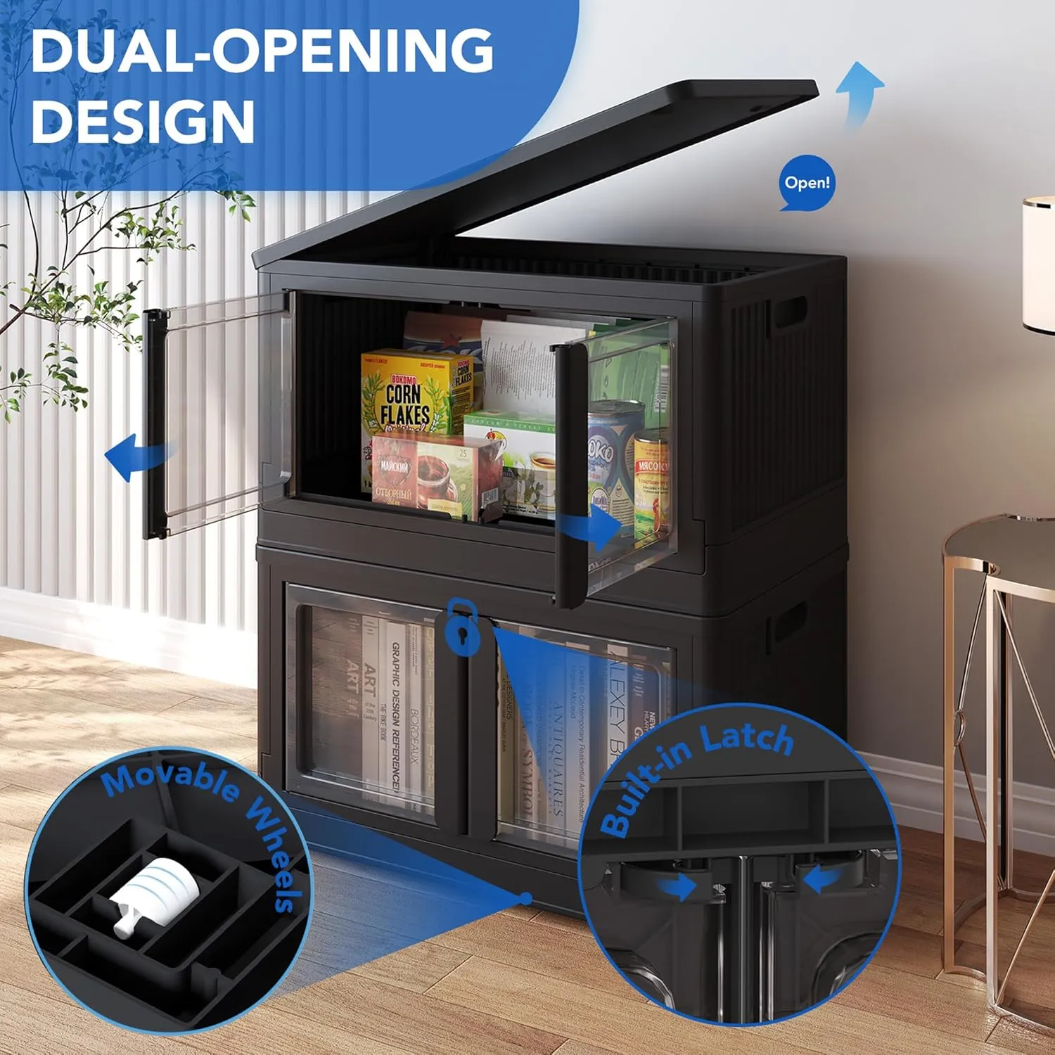 FLEXIMOUNTS 228 QT Stackable Storage Bins With Lids, Collapsible Plastic Storage Bins, Closet Organizers and Containers with Doors For Home, Black, 25" L x 15.5" W x 42.5" H