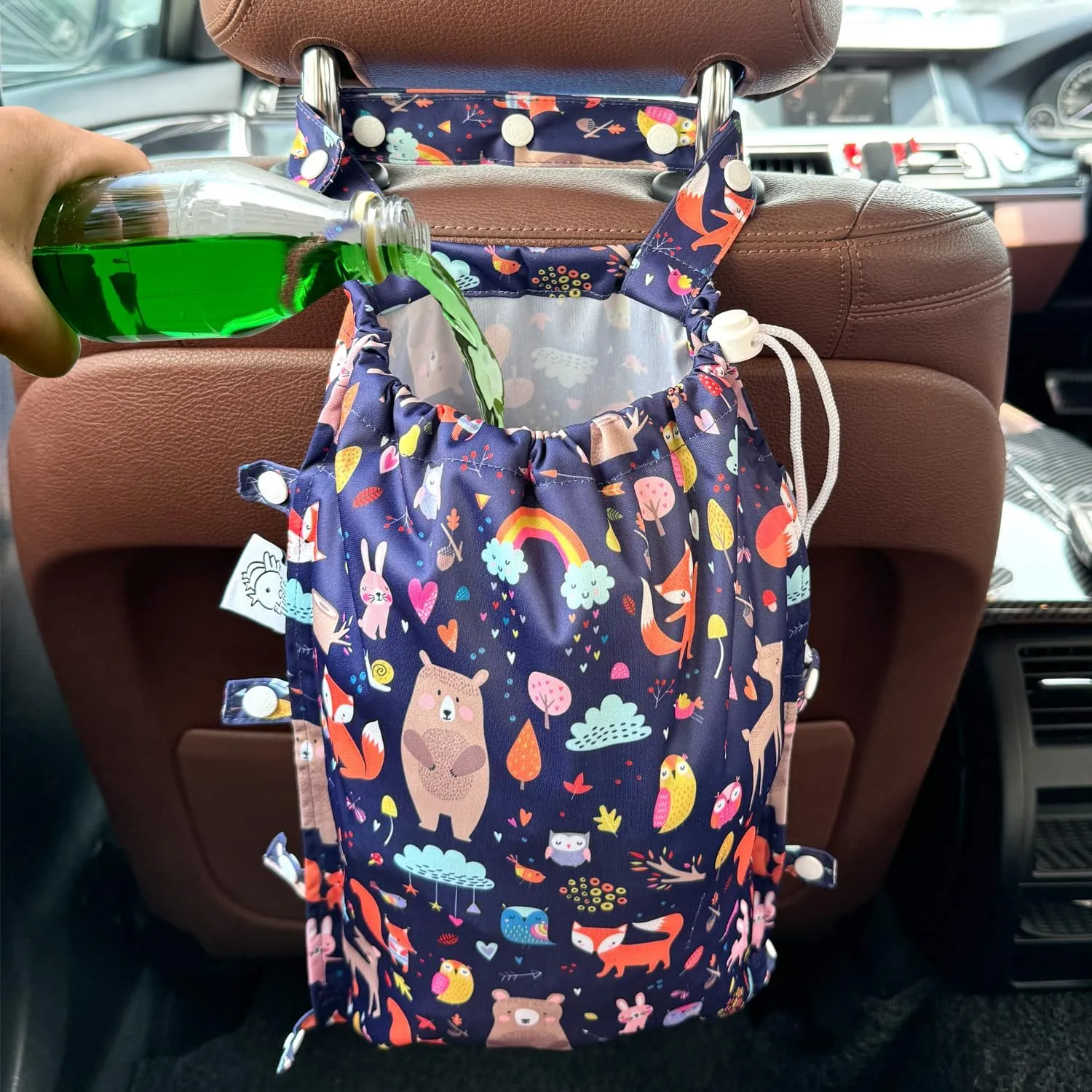 FLOCK THREE Leak-Proof Waterproof Car Trash Bag Foldable Multipurpose Trash bin Container Storage Cute Grocery Organizer Bag for Automotive Front or Back Seat in Cars SUVs and Trucks (Jungle Animals)