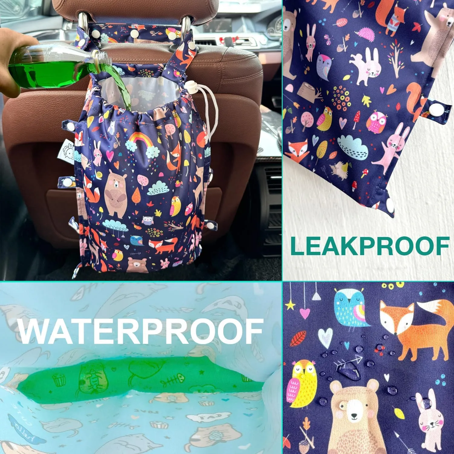FLOCK THREE Leak-Proof Waterproof Car Trash Bag Foldable Multipurpose Trash bin Container Storage Cute Grocery Organizer Bag for Automotive Front or Back Seat in Cars SUVs and Trucks (Jungle Animals)