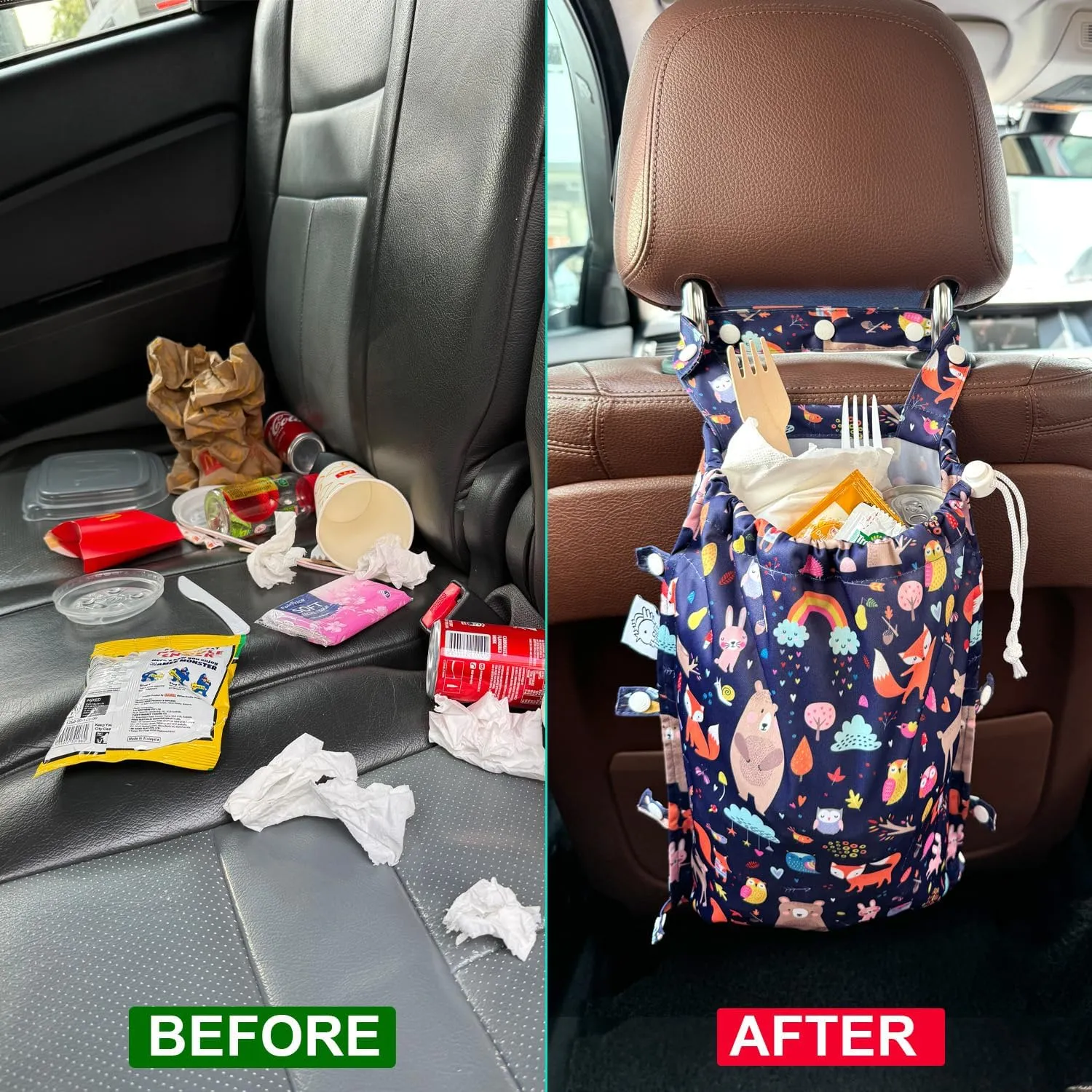 FLOCK THREE Leak-Proof Waterproof Car Trash Bag Foldable Multipurpose Trash bin Container Storage Cute Grocery Organizer Bag for Automotive Front or Back Seat in Cars SUVs and Trucks (Jungle Animals)