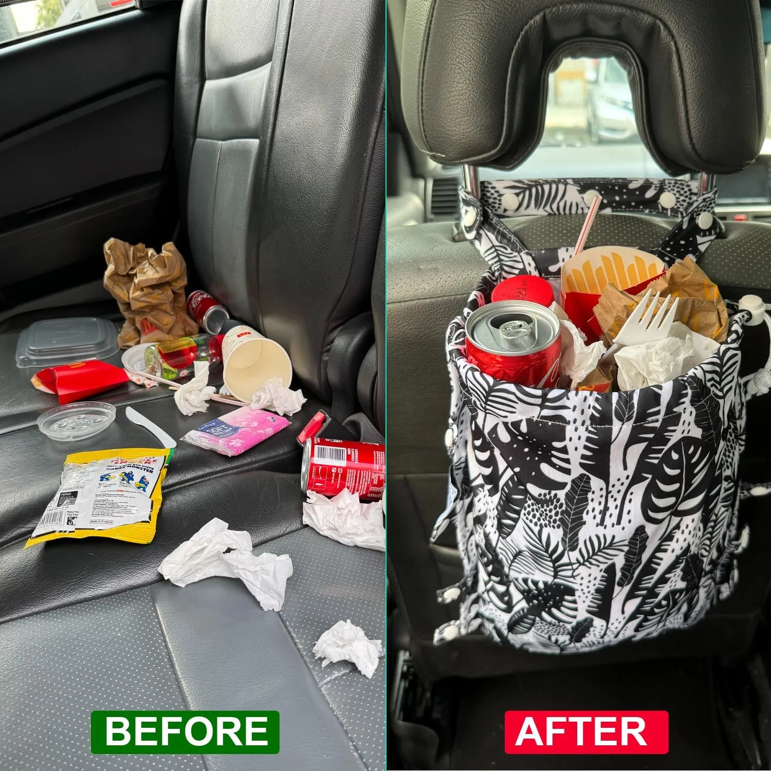 FLOCK THREE Leak-Proof Waterproof Car Trash Bag Foldable Multipurpose Trash bin Container Storage Cute Grocery Organizer Bag for Automotive Front or Back Seat in Cars SUVs and Trucks (Tropical)