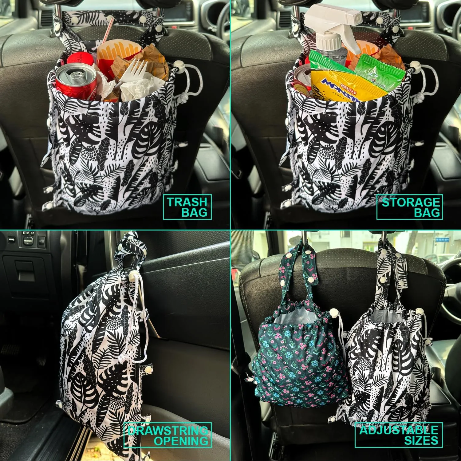 FLOCK THREE Leak-Proof Waterproof Car Trash Bag Foldable Multipurpose Trash bin Container Storage Cute Grocery Organizer Bag for Automotive Front or Back Seat in Cars SUVs and Trucks (Tropical)