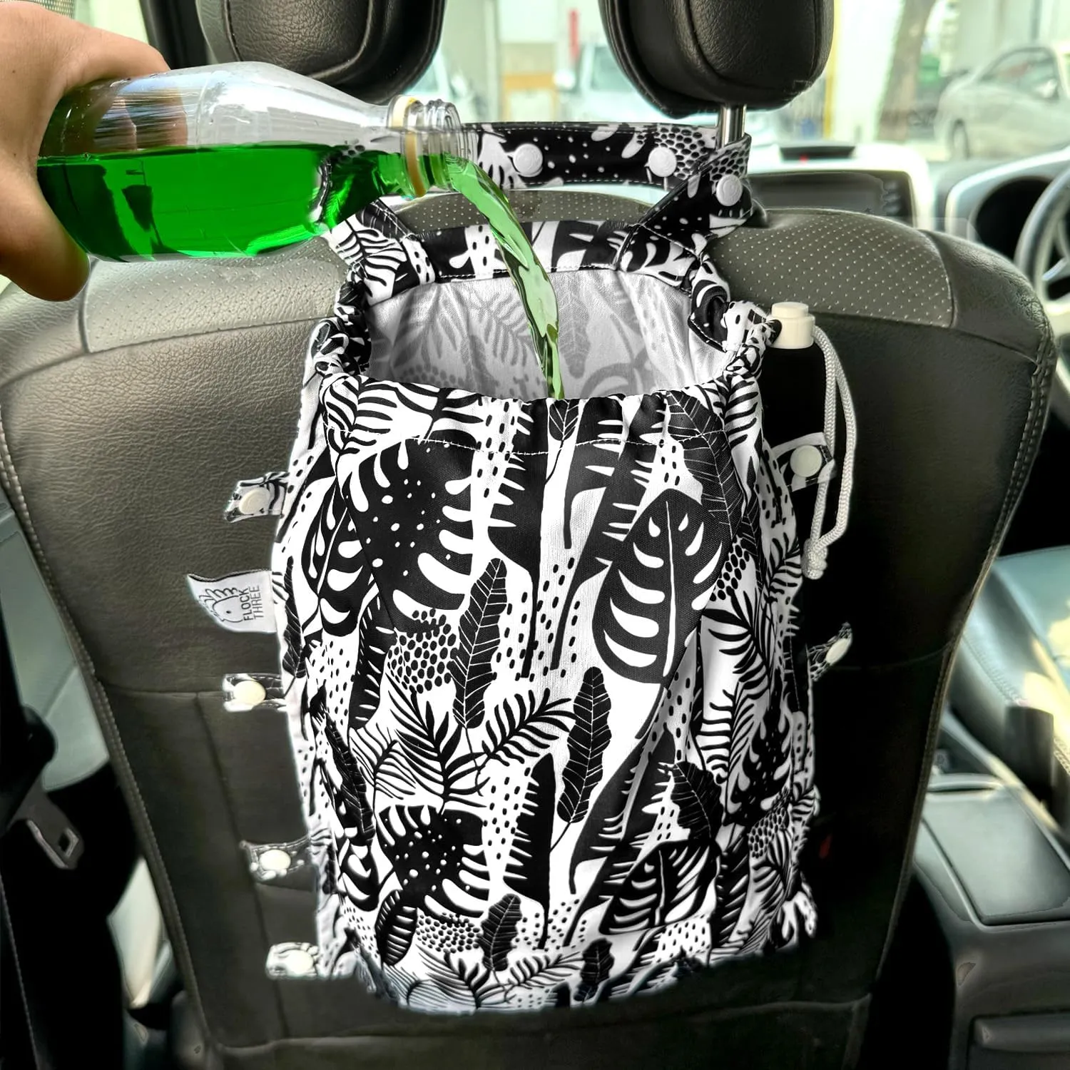 FLOCK THREE Leak-Proof Waterproof Car Trash Bag Foldable Multipurpose Trash bin Container Storage Cute Grocery Organizer Bag for Automotive Front or Back Seat in Cars SUVs and Trucks (Tropical)