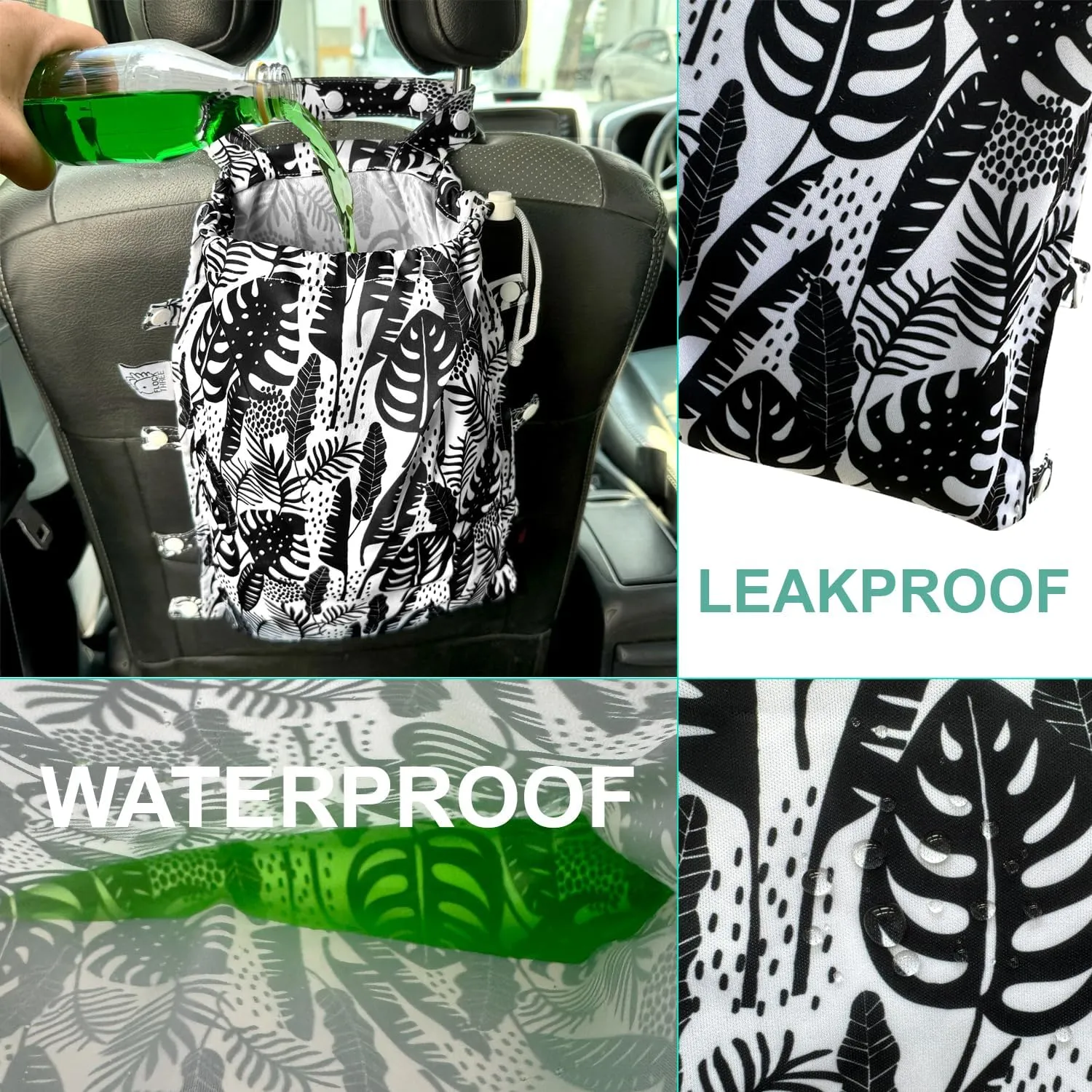 FLOCK THREE Leak-Proof Waterproof Car Trash Bag Foldable Multipurpose Trash bin Container Storage Cute Grocery Organizer Bag for Automotive Front or Back Seat in Cars SUVs and Trucks (Tropical)