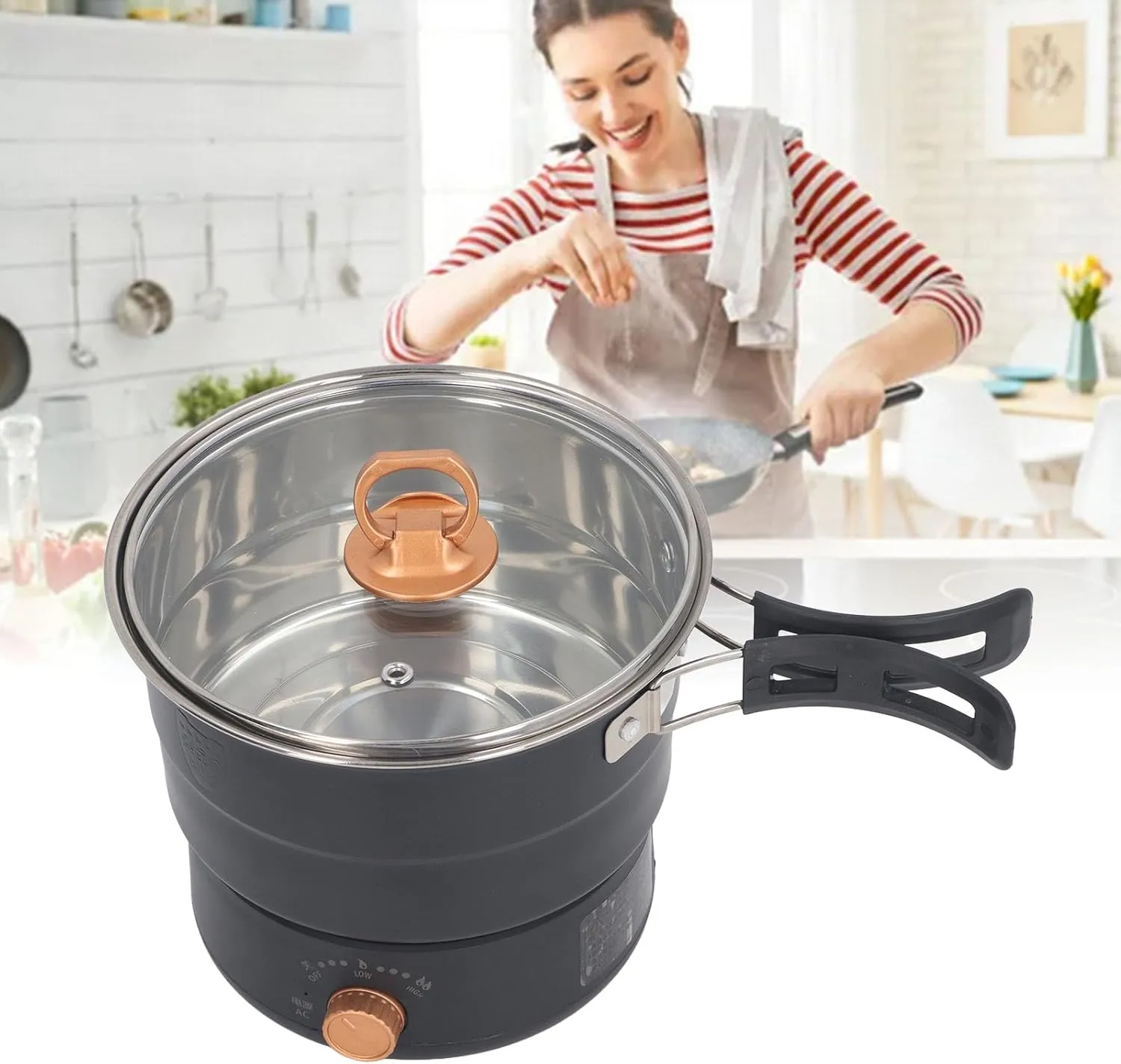 Fockety Multifunctional Electric Cooker, 500W 1.6L Mini Ramen Cooker with Foldable Handle, Portable Cooking Pot Electric Pot for Noodles Steak Cooker Eggs StirFrying, Black, Fockety0dx981fhcp-13