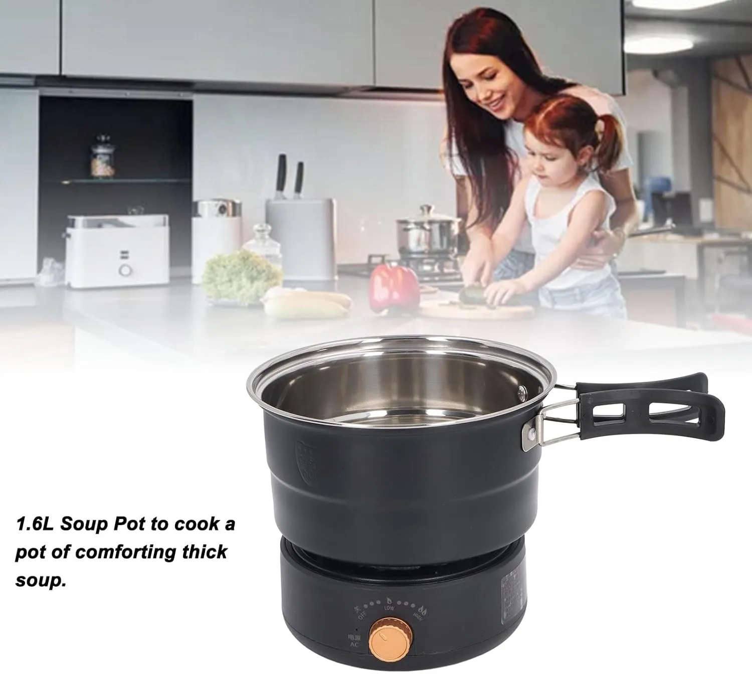 Fockety Multifunctional Electric Cooker, 500W 1.6L Mini Ramen Cooker with Foldable Handle, Portable Cooking Pot Electric Pot for Noodles Steak Cooker Eggs StirFrying, Black, Fockety0dx981fhcp-13