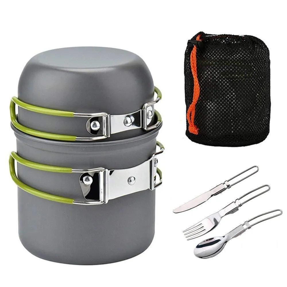 Foldable Camping Trip Cookware Kit Mini Size Portable Outdoor Cooking Pot Set with Forks/Knife/Spoon for Solo Backpacking