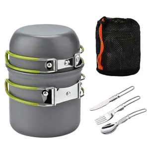 Foldable Camping Trip Cookware Kit Mini Size Portable Outdoor Cooking Pot Set with Forks/Knife/Spoon for Solo Backpacking