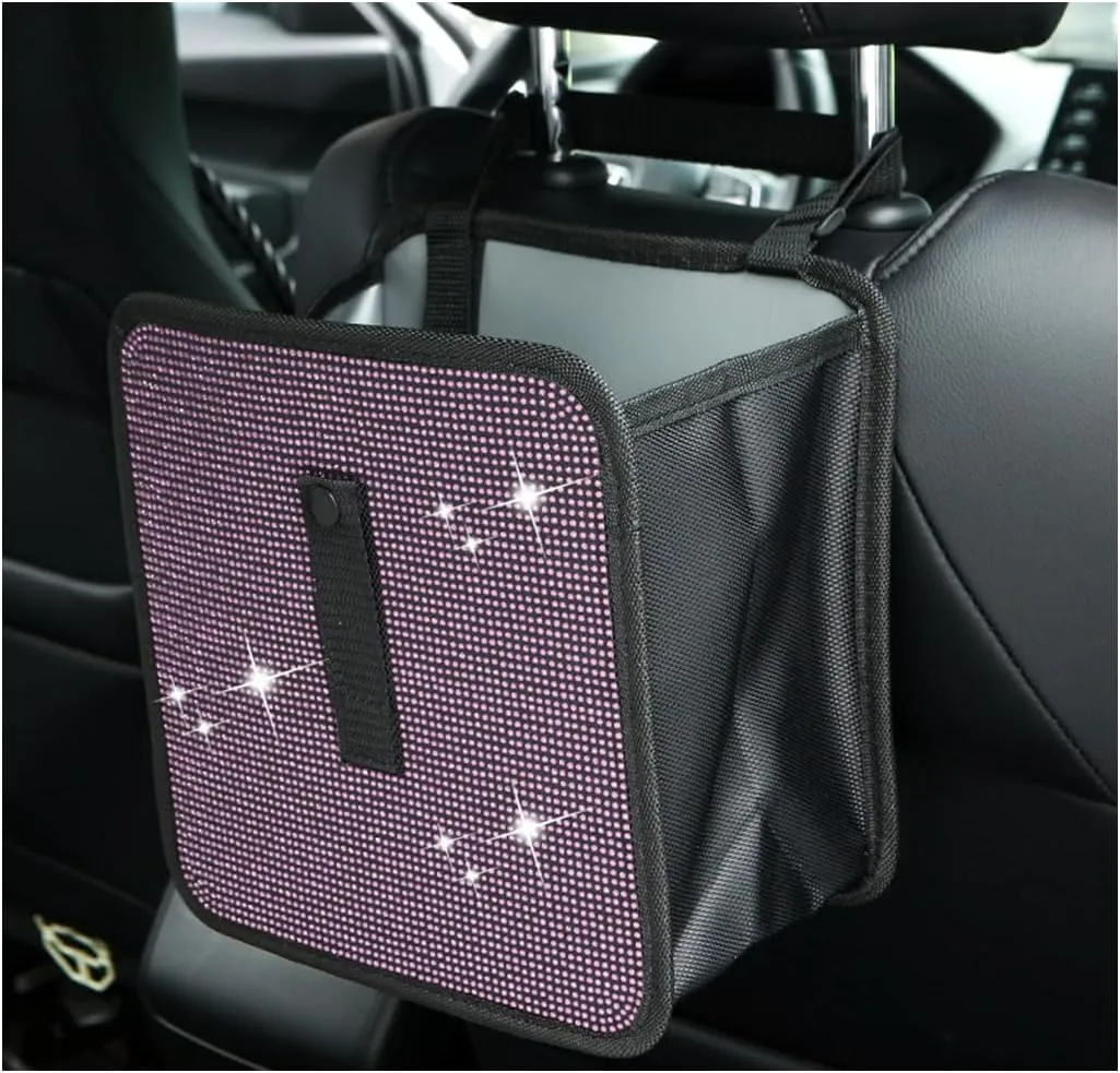 Foldable Car Trash Can, Bling Rhinestone Oxford Auto Hanging Garbage Bag, Crystal Leakproof Foldable Waste Organizer Universal for Most Vehicles, Interior Car Accessories (Light Pink)