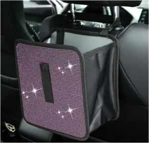 Foldable Car Trash Can, Bling Rhinestone Oxford Auto Hanging Garbage Bag, Crystal Leakproof Foldable Waste Organizer Universal for Most Vehicles, Interior Car Accessories (Light Pink)