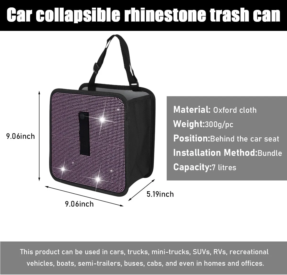 Foldable Car Trash Can, Bling Rhinestone Oxford Auto Hanging Garbage Bag, Crystal Leakproof Foldable Waste Organizer Universal for Most Vehicles, Interior Car Accessories (Light Pink)