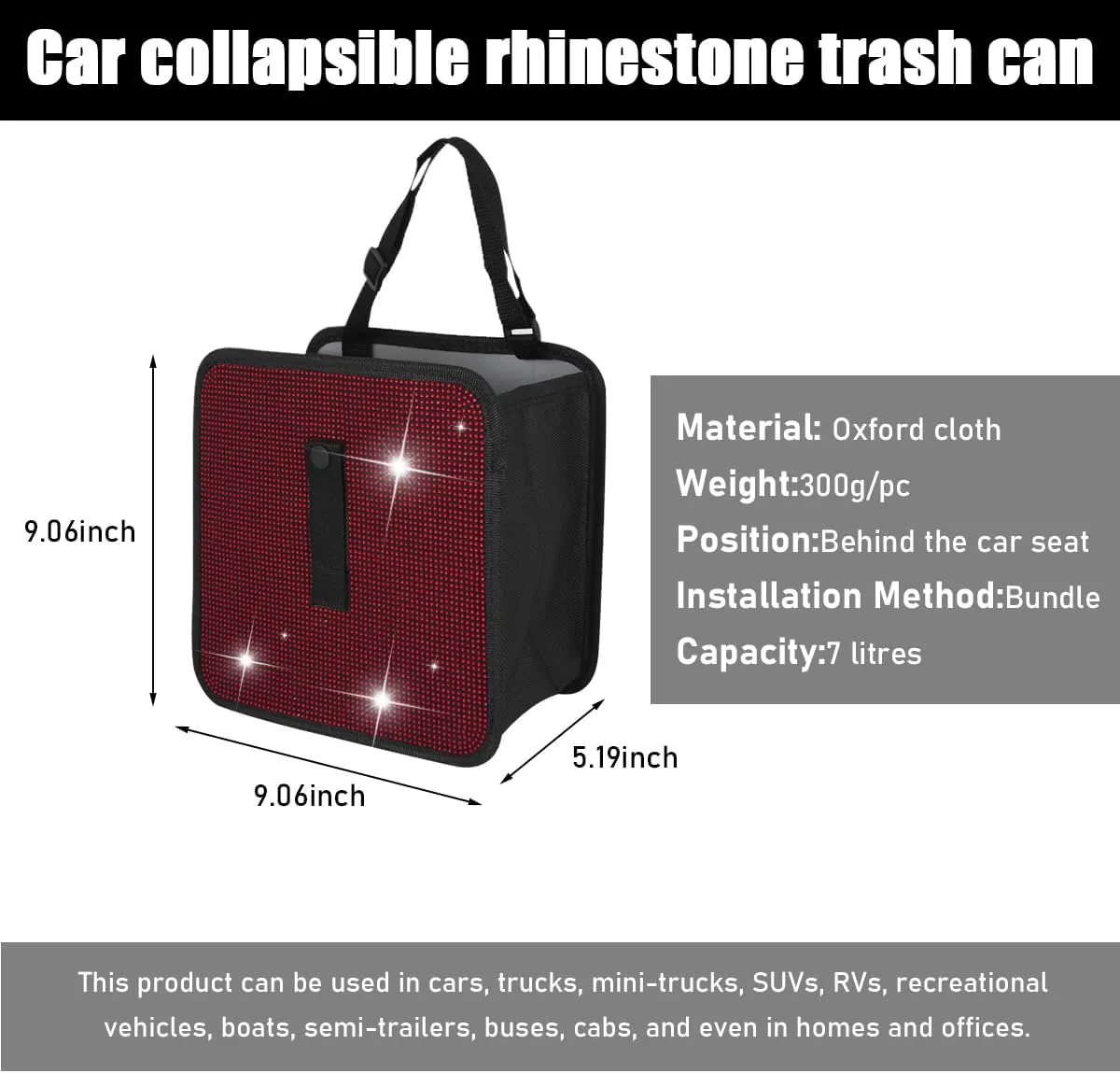 Foldable Car Trash Can, Bling Rhinestone Oxford Auto Hanging Garbage Bag, Crystal Leakproof Foldable Waste Organizer Universal for Most Vehicles, Interior Car Accessories (Red)