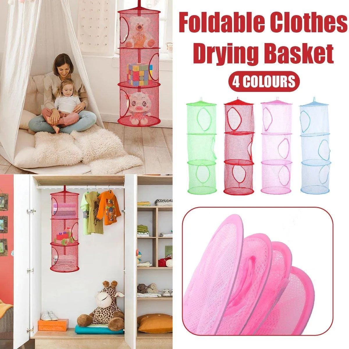 Foldable Clothes Drying Basket Three-layer Hanging Storage Breathable Organizer