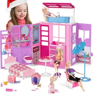 Foldable Doll House for 12'' Dolls, 2-Story Dollhouse W/Loft,Pets Rooms, 40  Pcs Dollhouse Furnitures & Accessories, Space Saving Playhouse Birthday Xmas Toys Gifts for Girls 3 4 5 6 7 8 