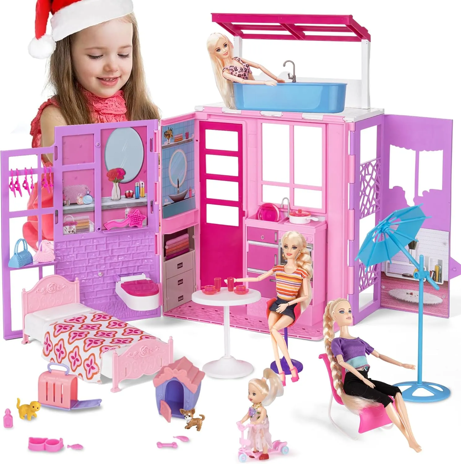 Foldable Doll House for 12'' Dolls, 2-Story Dollhouse W/Loft,Pets Rooms, 40  Pcs Dollhouse Furnitures & Accessories, Space Saving Playhouse Birthday Xmas Toys Gifts for Girls 3 4 5 6 7 8 