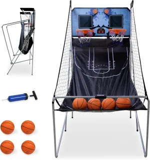Foldable Indoor Basketball Arcade Game, Electronic Dual Shot Basketball Hoop Arcade Game Machine with 4 Balls and LED Scoring for 2 Players Home Play, Kids, Adults