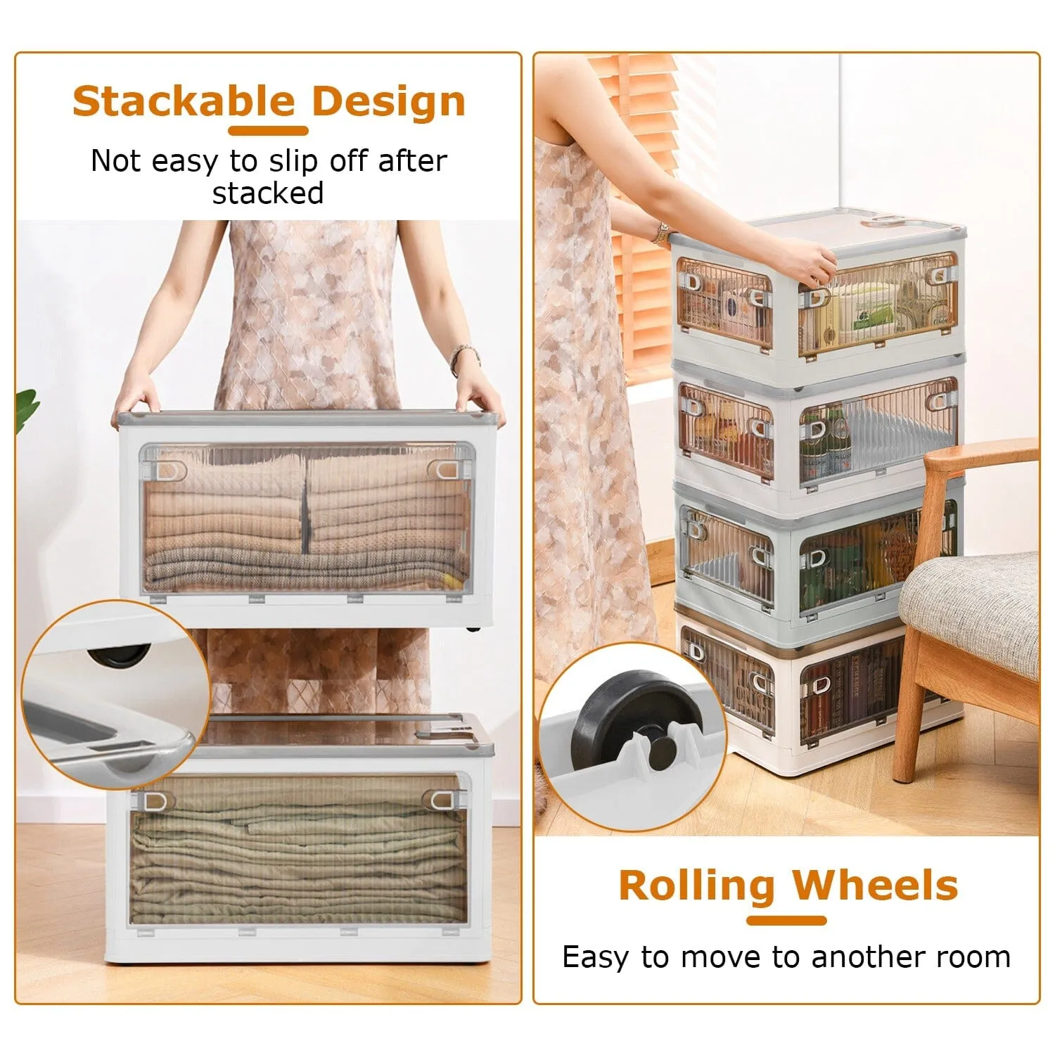 Foldable Storage Bins with Lid 4 Doors Collapsible Stackable with Lock