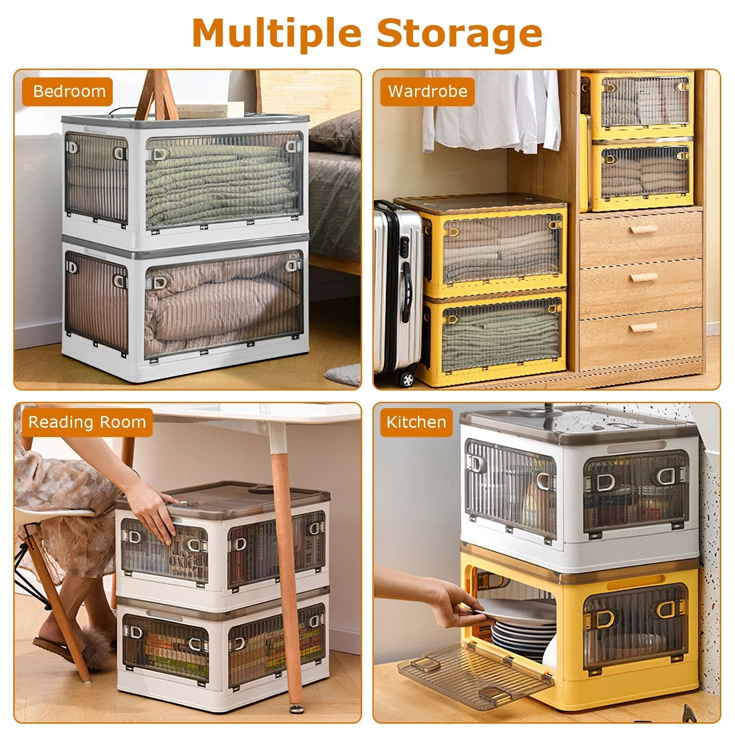 Foldable Storage Bins with Lid 4 Doors Collapsible Stackable with Lock