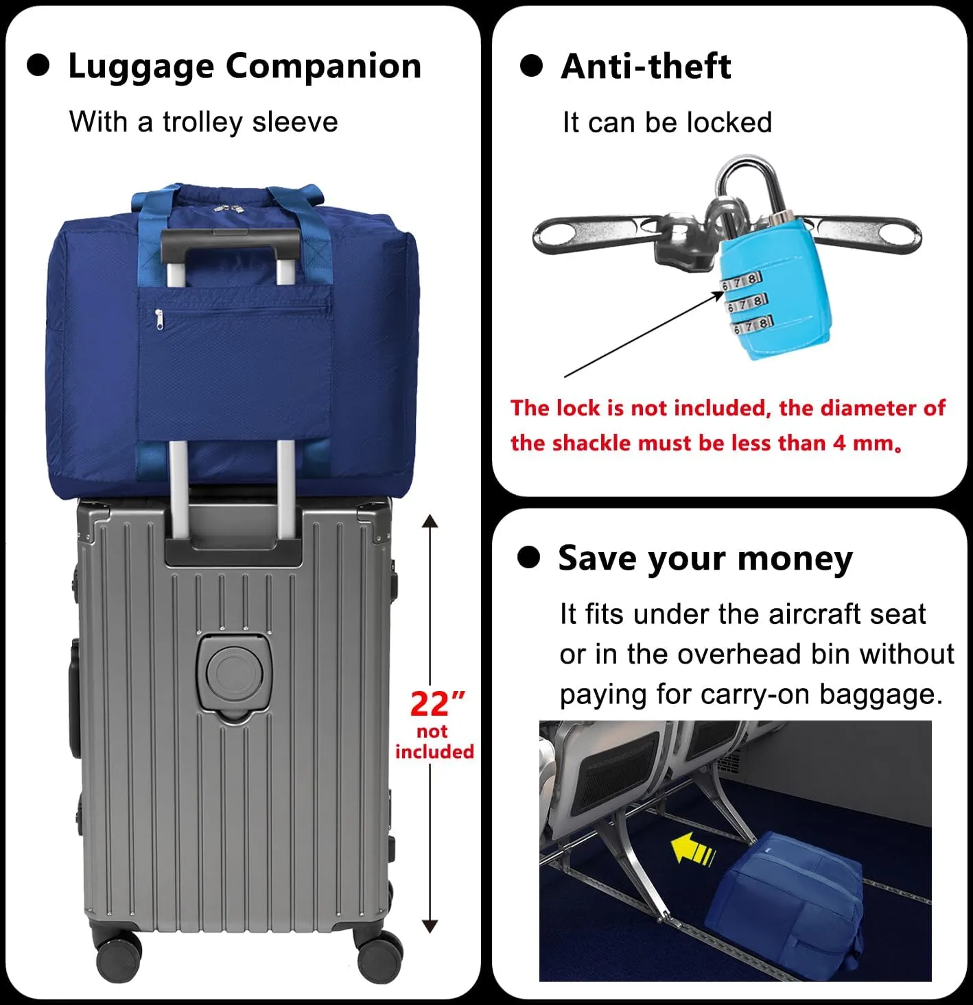 Foldable Travel Duffle Bag with Trolley Sleeve 40L - 18x14x8 inches Airline Underseat Lightweight Travel Bag - Packable Ripstop Nylon Carry on Bag (Blue)