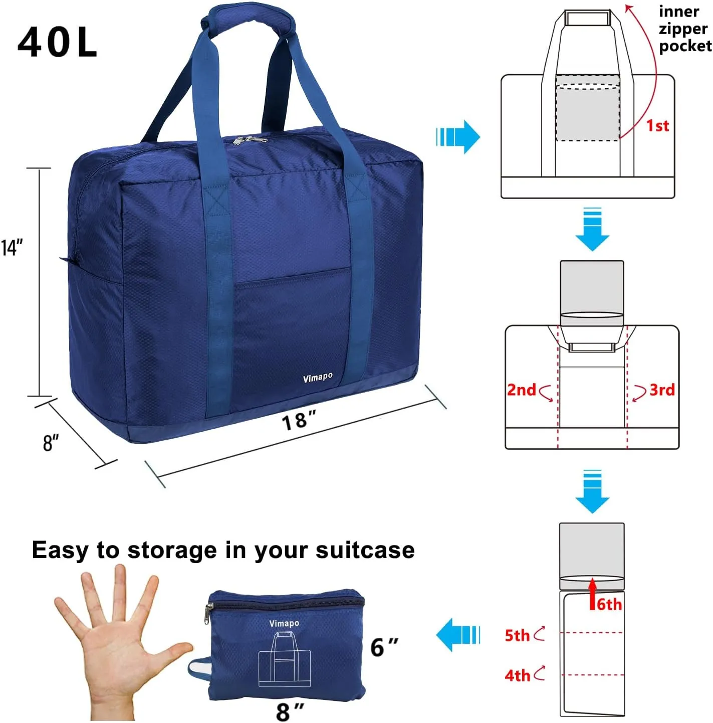 Foldable Travel Duffle Bag with Trolley Sleeve 40L - 18x14x8 inches Airline Underseat Lightweight Travel Bag - Packable Ripstop Nylon Carry on Bag (Blue)