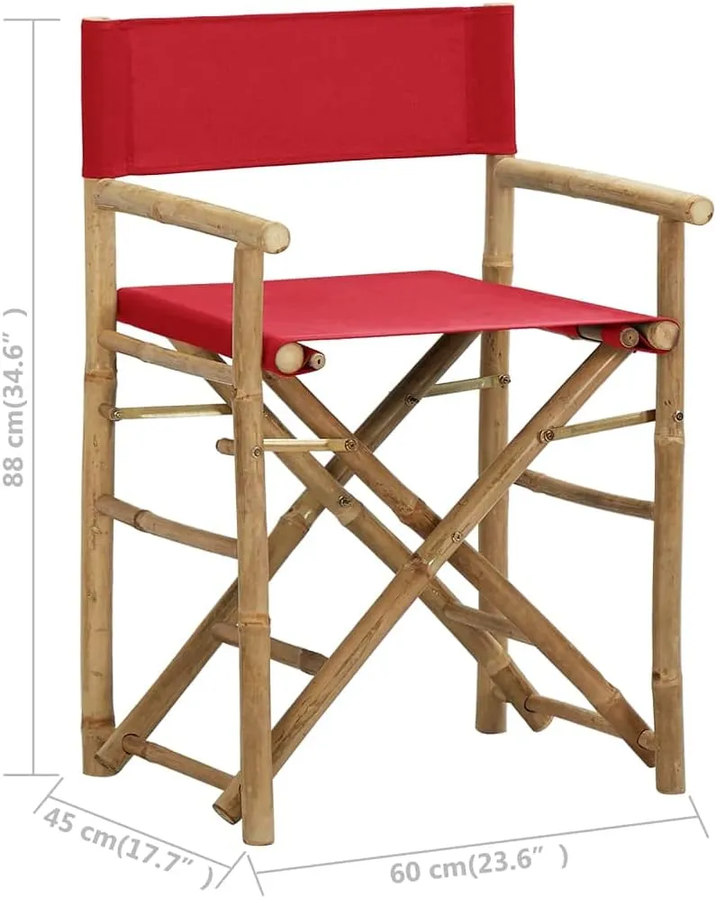 Folding Director's Chairs 2 pcs Red Bamboo and Fabric Outdoor Patio Furniture Comfortable Garden Lounge Chairs for Relaxing, Foldable and Easy Storage