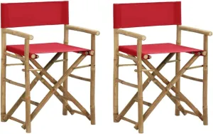 Folding Director's Chairs 2 pcs Red Bamboo and Fabric Outdoor Patio Furniture Comfortable Garden Lounge Chairs for Relaxing, Foldable and Easy Storage