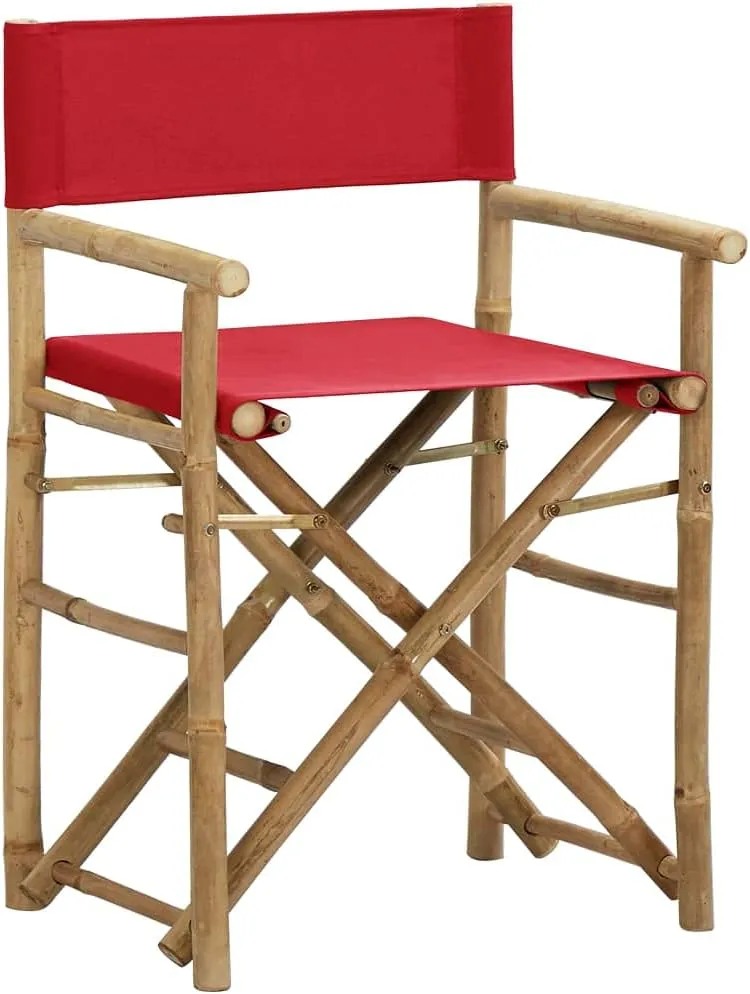 Folding Director's Chairs 2 pcs Red Bamboo and Fabric Outdoor Patio Furniture Comfortable Garden Lounge Chairs for Relaxing, Foldable and Easy Storage