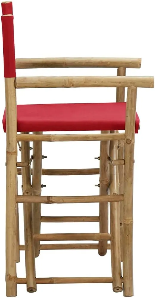 Folding Director's Chairs 2 pcs Red Bamboo and Fabric Outdoor Patio Furniture Comfortable Garden Lounge Chairs for Relaxing, Foldable and Easy Storage