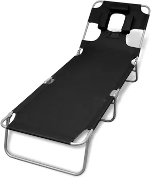 Folding Sun Lounger with Head Cushion Powder-Coated Steel Black Outdoor Seat