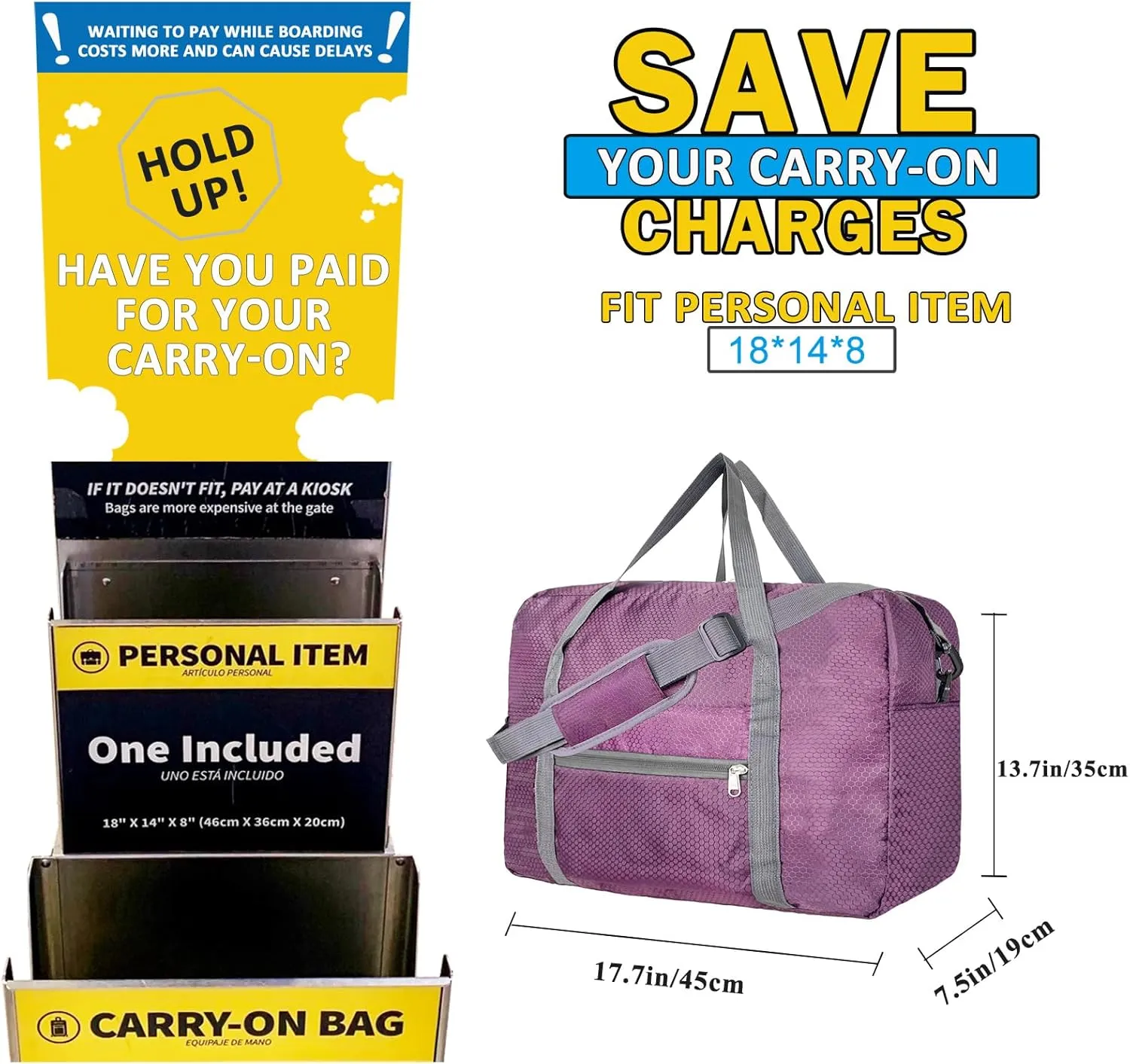 For Spirit Airlines Personal Item Bag 18x14x8 Foldable Carry on Bags for Airplanes Travel Duffel Bags for Women and Men