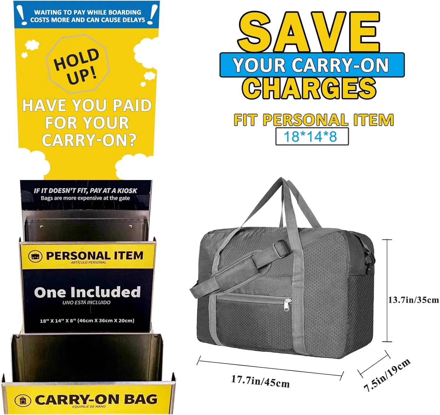 For Spirit Airlines Personal Item Bag 18x14x8 Foldable Carry on Bags for Airplanes Travel Duffel Bags for Women and Men