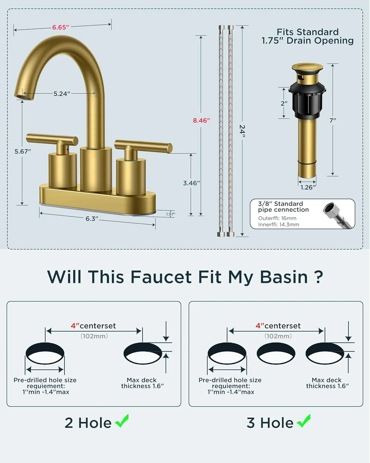 FORIOUS 4" Brushed Gold Bathroom Faucet Centerset 4 Inch, 2 Handle 2 Hole Gold Faucets for Bathroom Vanity wtih Metal Pop Up Dain, CUPC Supply Hose, High Arc Swivel Spout