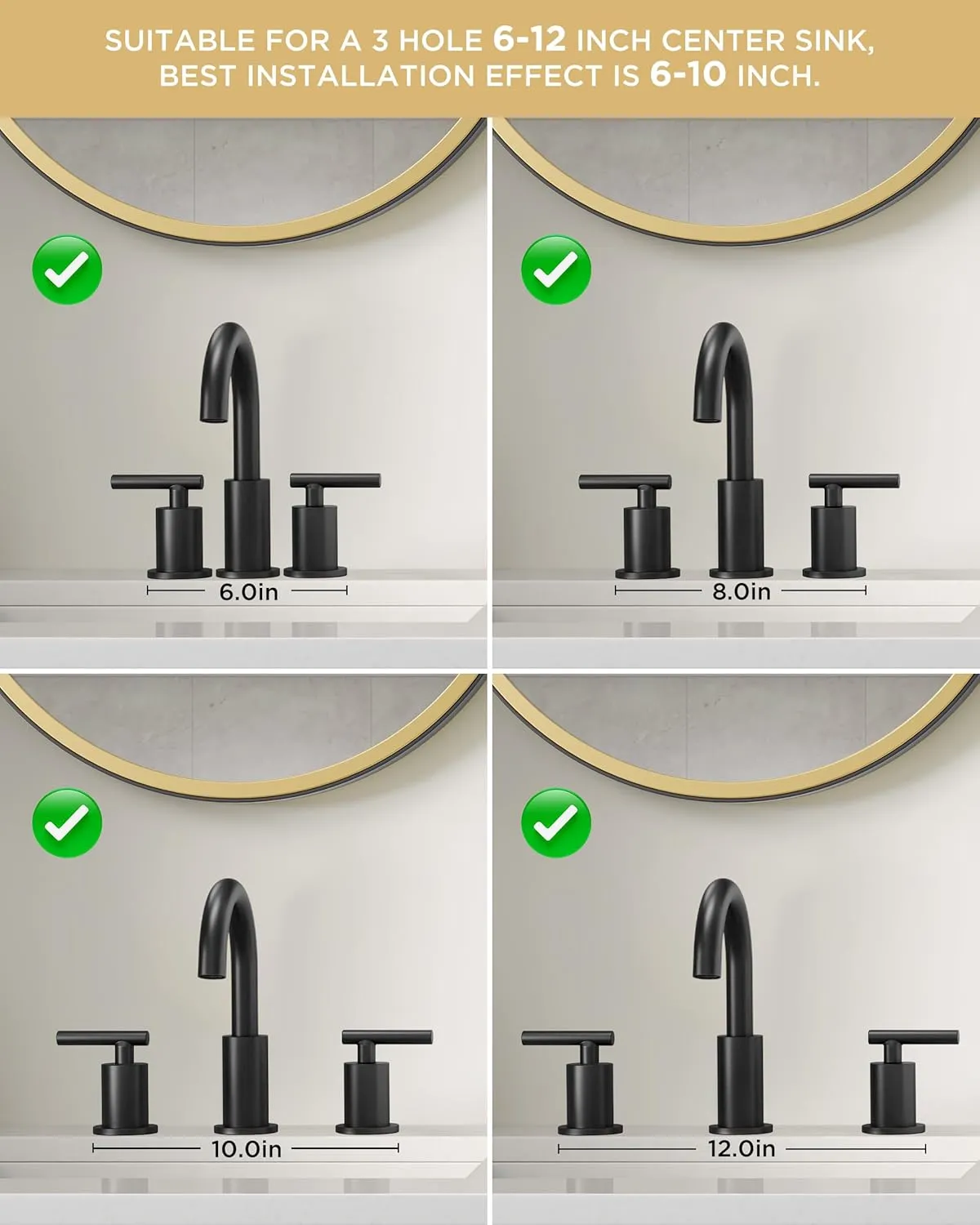 FORIOUS Black Bathroom Faucets 3 Hole, 2 Handle 8 Inch Widespread Matte Black Vanity Faucet 3 Holes with 360 Degree Rotating Spout for 6 to 12 inch Sink, Metal Pop Up Drain and cUPC Supply Lines