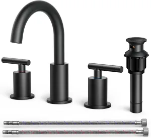 FORIOUS Black Bathroom Faucets 3 Hole, 2 Handle 8 Inch Widespread Matte Black Vanity Faucet 3 Holes with 360 Degree Rotating Spout for 6 to 12 inch Sink, Metal Pop Up Drain and cUPC Supply Lines