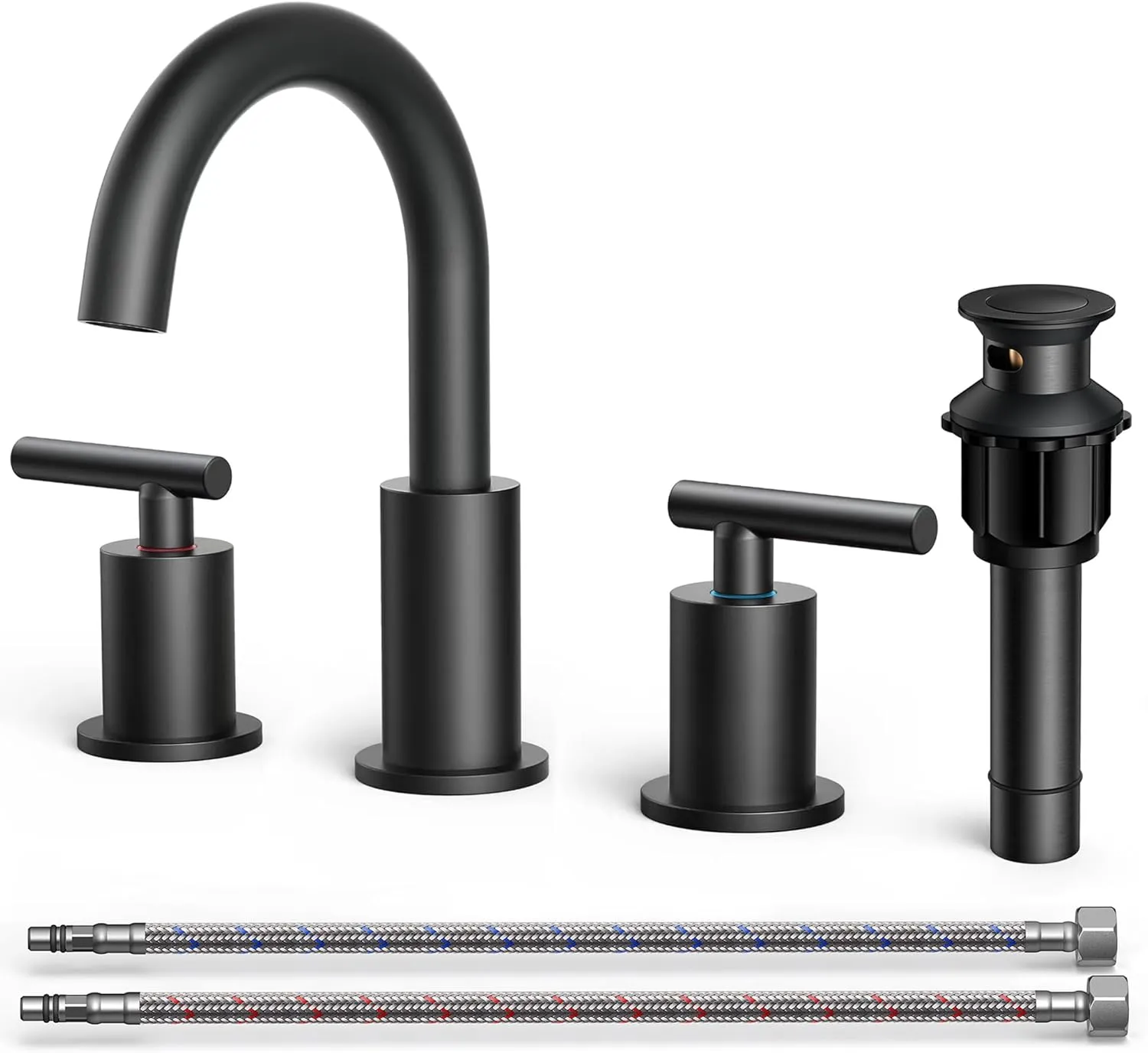 FORIOUS Black Bathroom Faucets 3 Hole, 2 Handle 8 Inch Widespread Matte Black Vanity Faucet 3 Holes with 360 Degree Rotating Spout for 6 to 12 inch Sink, Metal Pop Up Drain and cUPC Supply Lines