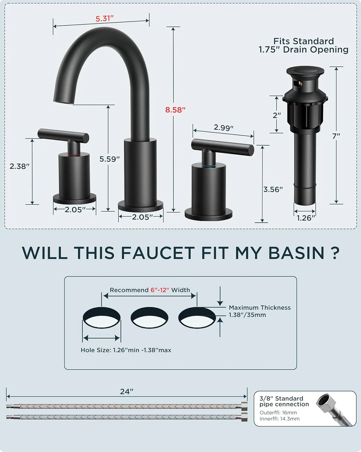 FORIOUS Black Bathroom Faucets 3 Hole, 2 Handle 8 Inch Widespread Matte Black Vanity Faucet 3 Holes with 360 Degree Rotating Spout for 6 to 12 inch Sink, Metal Pop Up Drain and cUPC Supply Lines