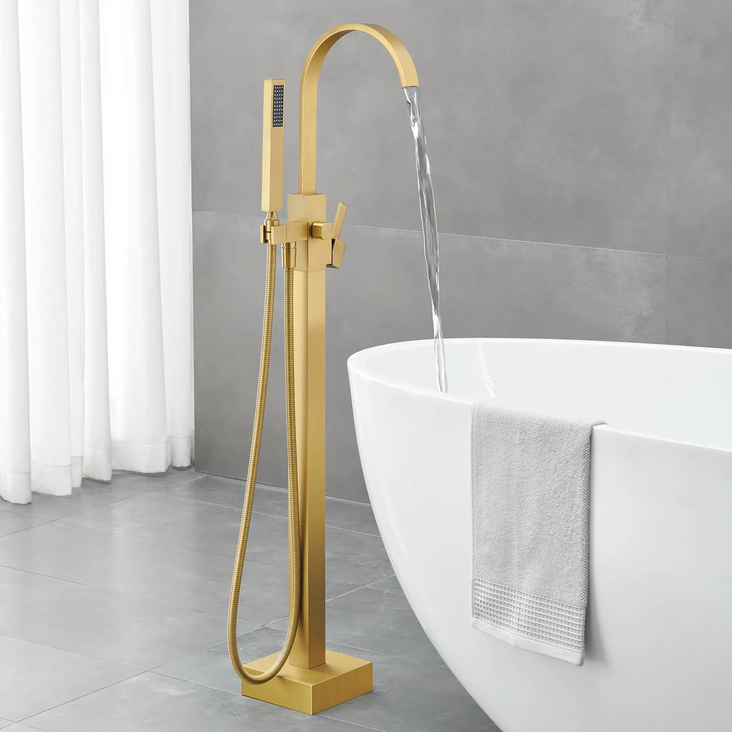 Freestanding Bathtub Faucet Floor Mount Tub Filler Brushed Gold Brass Bathroom Faucets Single Handle with Hand Shower