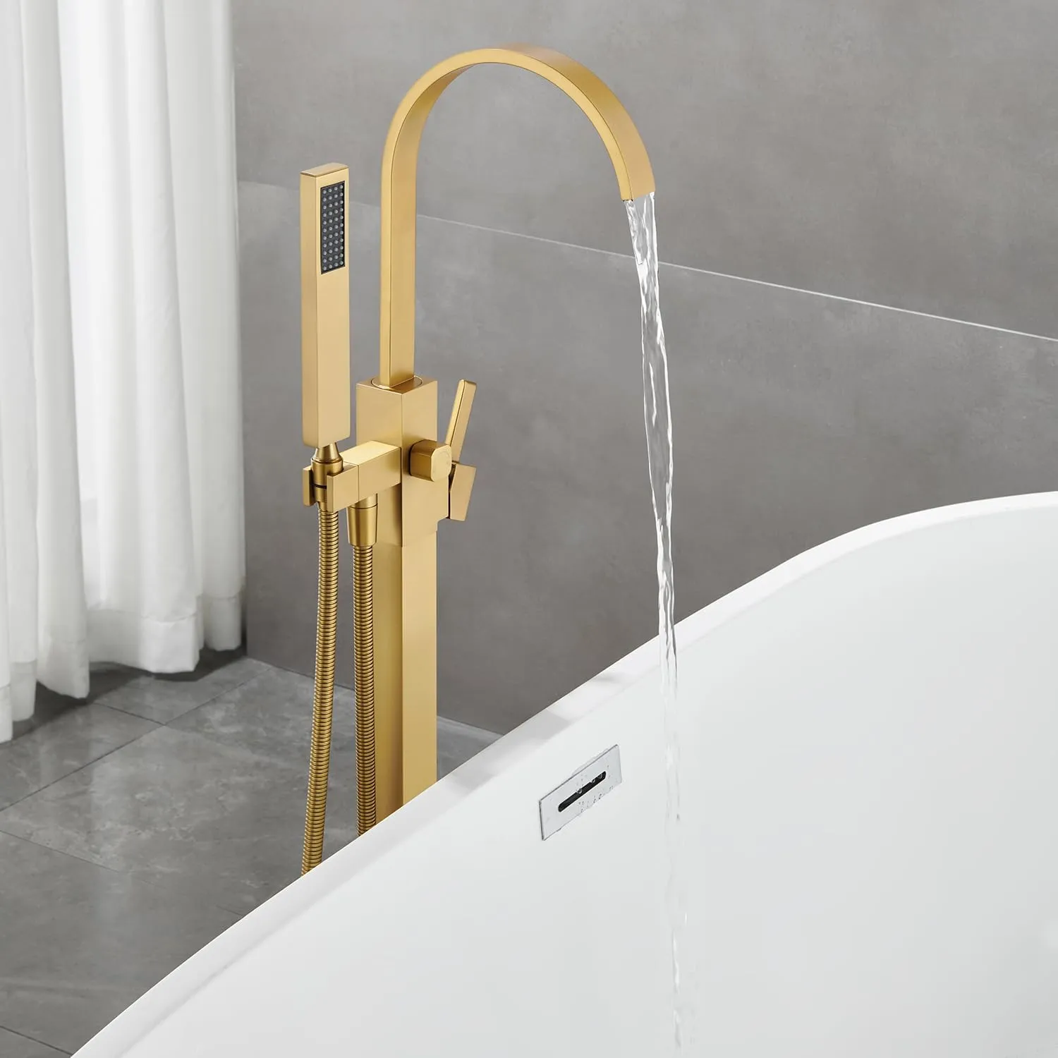 Freestanding Bathtub Faucet Floor Mount Tub Filler Brushed Gold Brass Bathroom Faucets Single Handle with Hand Shower