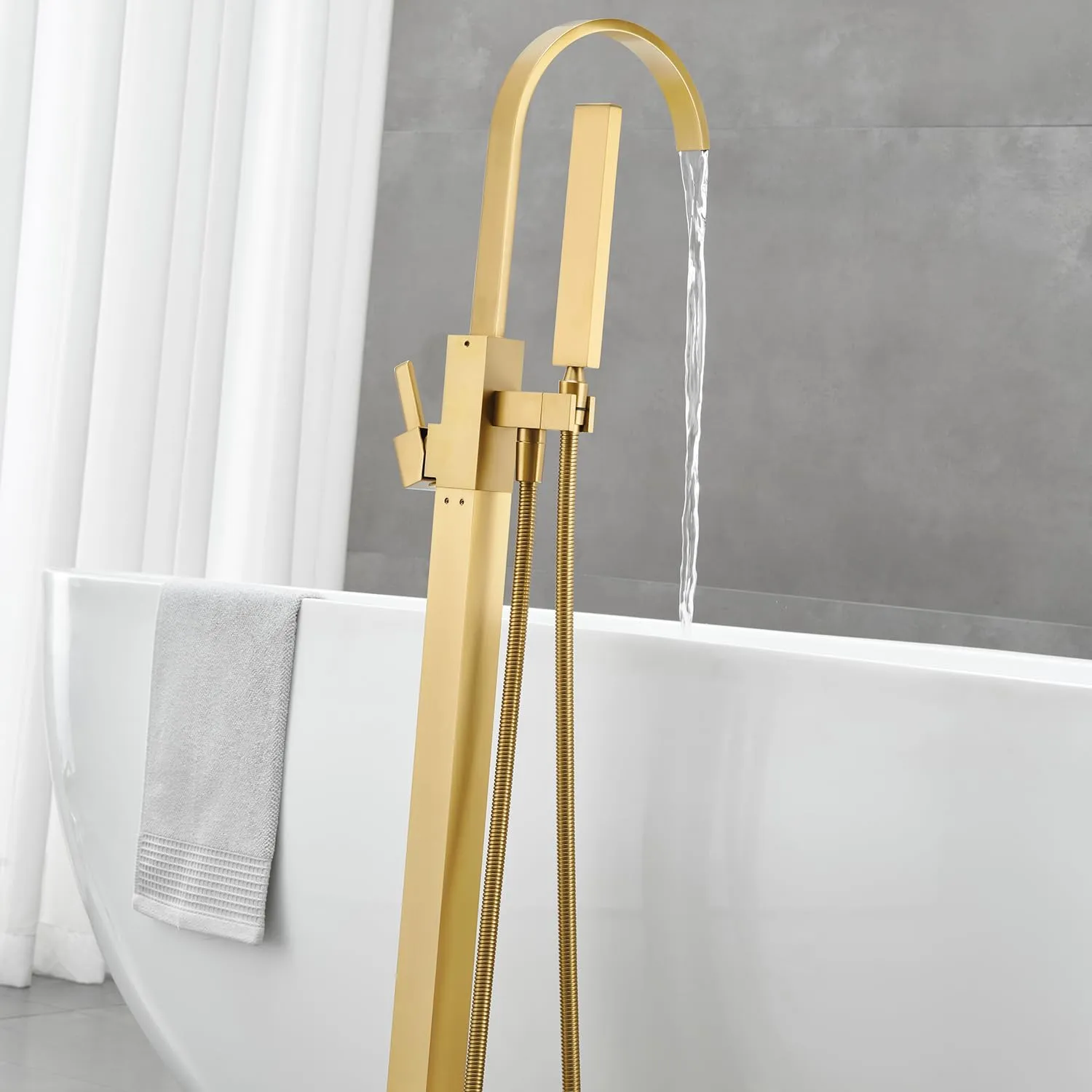 Freestanding Bathtub Faucet Floor Mount Tub Filler Brushed Gold Brass Bathroom Faucets Single Handle with Hand Shower