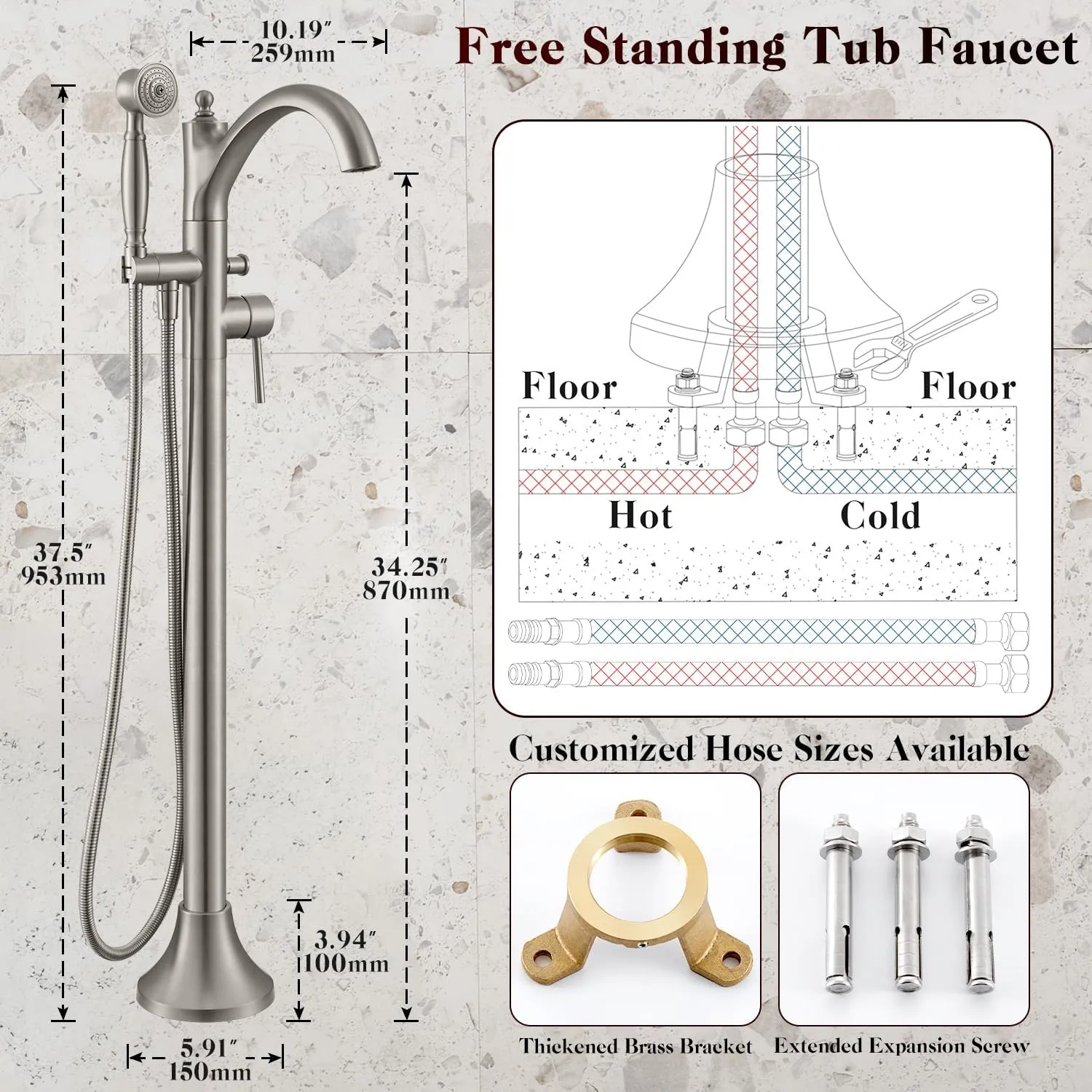 Freestanding Tub Faucets, Classic Freestanding Bathtub Faucet with Retro Handheld Sprayer High Flow Max 7.04GPM Floor Mount Tub Filler Swivel Spout Bath Tub faucet Brushed Nickel (WT-9002BN)