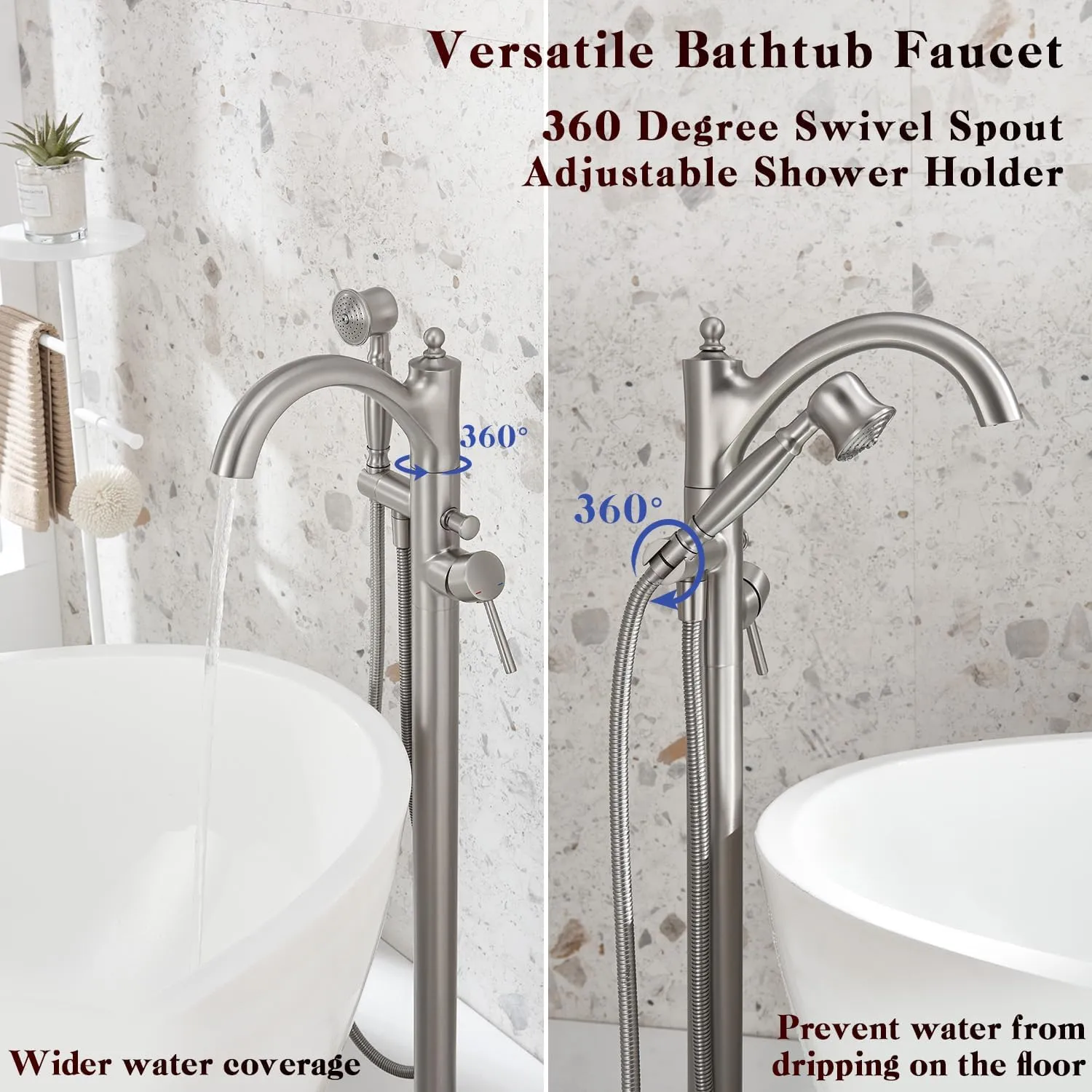 Freestanding Tub Faucets, Classic Freestanding Bathtub Faucet with Retro Handheld Sprayer High Flow Max 7.04GPM Floor Mount Tub Filler Swivel Spout Bath Tub faucet Brushed Nickel (WT-9002BN)