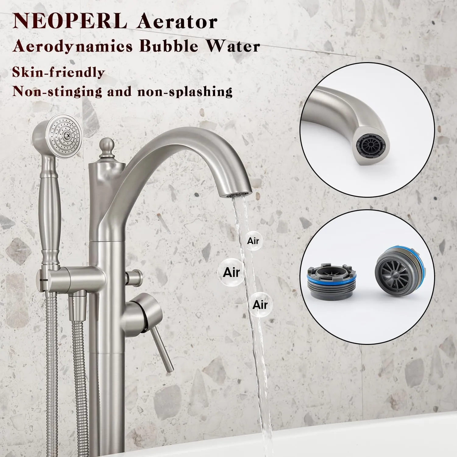 Freestanding Tub Faucets, Classic Freestanding Bathtub Faucet with Retro Handheld Sprayer High Flow Max 7.04GPM Floor Mount Tub Filler Swivel Spout Bath Tub faucet Brushed Nickel (WT-9002BN)