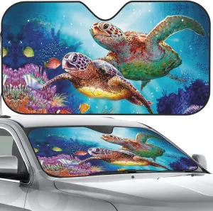 Front Window Car Sun Shade Windshield- Ocean Vintage Sea Turtle Foldable Cute Funny Sunshade for Car Truck SUV-Blocks Uv Rays Visor Shield Cover Keep Your Vehicle Cool Small