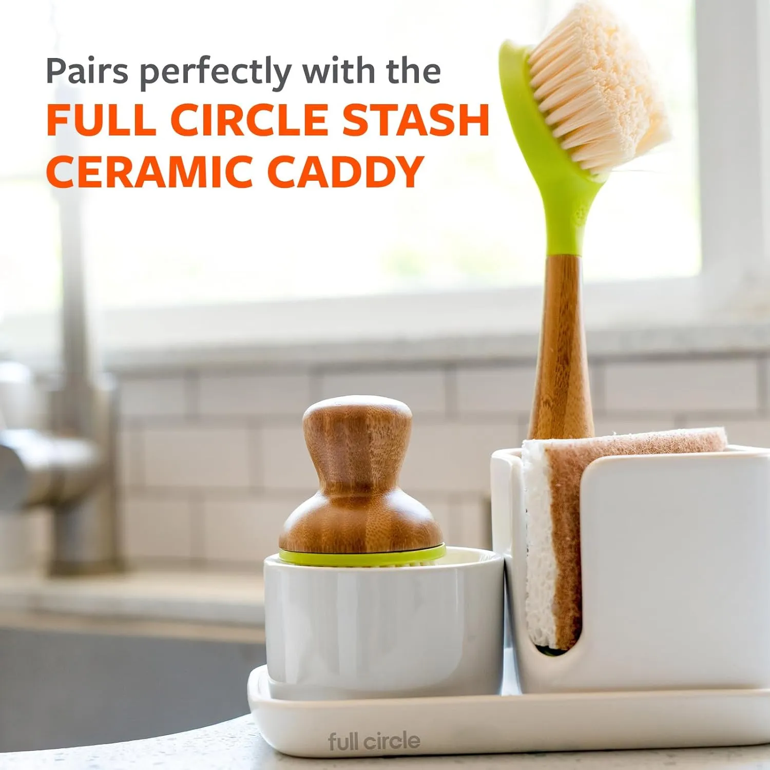 Full Circle Bubble Up Ceramic Soap Dispenser & Bamboo Dish Brush, Green/White