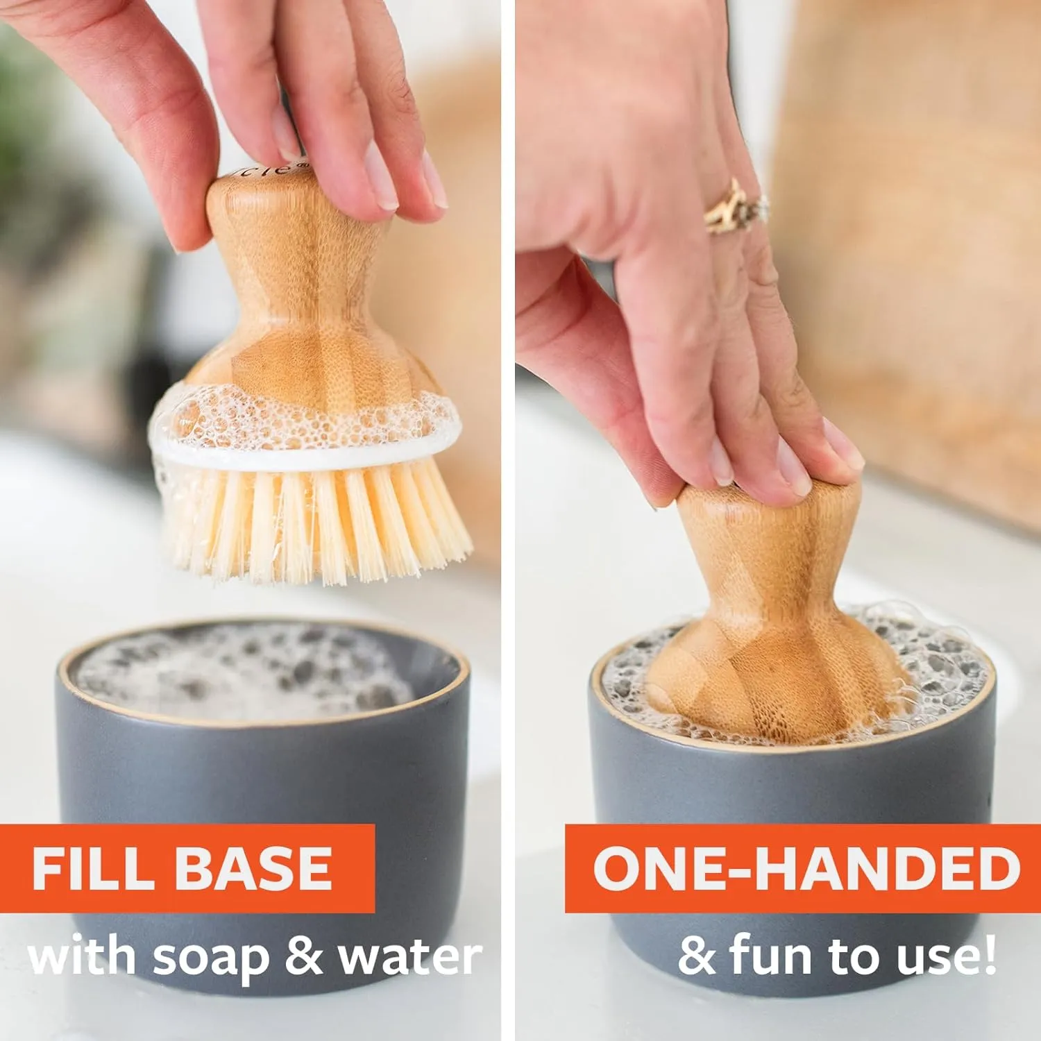 Full Circle Bubble Up Ceramic Soap Dispenser & Bamboo Dish Brush, Green/White