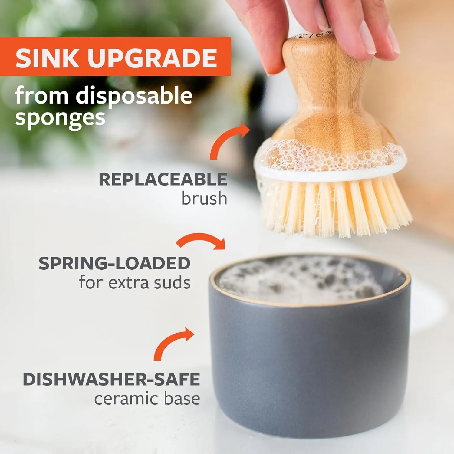 Full Circle Bubble Up Ceramic Soap Dispenser & Bamboo Dish Brush, Green/White
