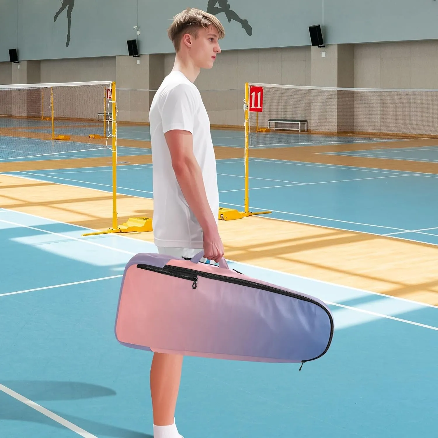 GAIGEO Blue Pink Gradient Pickleball Backpack, Multiple Storage Compartments Pickleball Bags, Foldable Racket Pocket